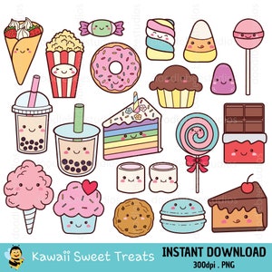 May include: A set of 16 kawaii sweet treats, including a donut, cupcake, cake, lollipop, candy, popcorn, cotton candy, chocolate bar, macaron, cookie, and boba tea. The treats are all drawn in a cute cartoon style with smiling faces.