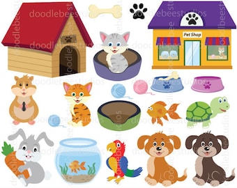May include: Clip art set featuring various pets, including a cat, dog, hamster, turtle, parrot, fish, and a rabbit. The set also includes a pet shop, a dog house, and pet accessories like bowls, beds, and toys.