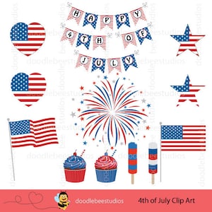 May include: A collection of patriotic 4th of July clip art elements. Includes American flags, star and heart shapes, fireworks, cupcakes, and popsicle illustrations in red, white, and blue. Also features banner text that reads "Happy 4th of July".