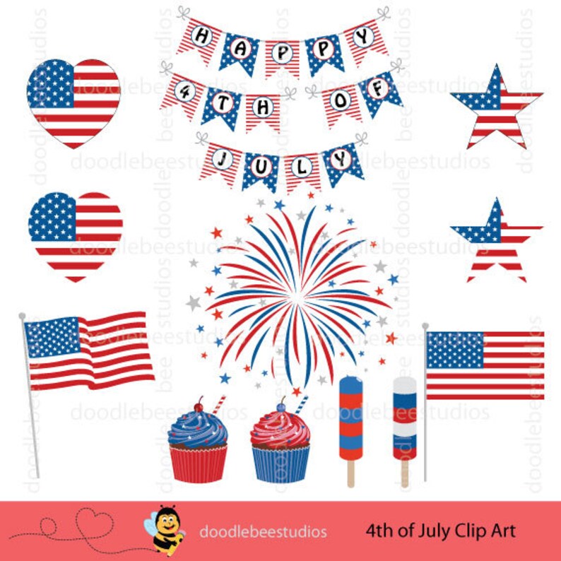 May include: A collection of patriotic 4th of July clip art elements. Includes American flags, star and heart shapes, fireworks, cupcakes, and popsicle illustrations in red, white, and blue. Also features banner text that reads "Happy 4th of July".