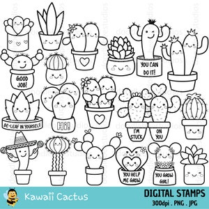 Sellos digitales de cactus kawaii, sellos digitales de plantas kawaii, sellos digitales de cactus lindos y suculentas, cactus lindos y plantas clipart