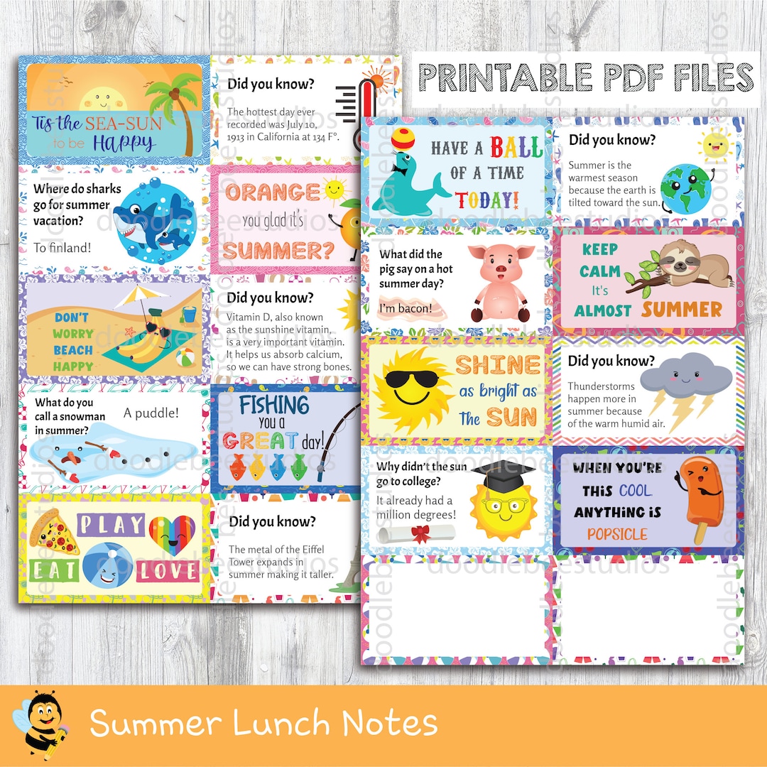 Summer Lunch Box Notes, Printable Lunchbox Cards, Summer Lunchbox Notes ...