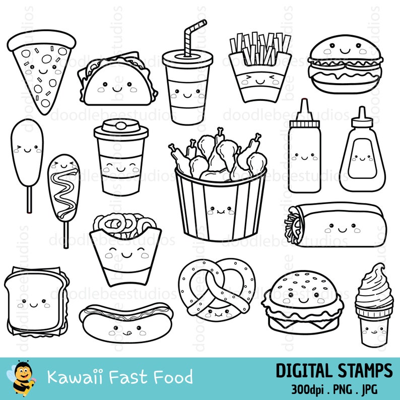 May include: A set of 15 black and white digital stamps featuring cute cartoon fast food items, including a pizza slice, taco, soda, french fries, hamburger, corn dog, coffee, fried chicken, ketchup, mustard, onion rings, pretzel, hot dog, sandwich, and ice cream cone.