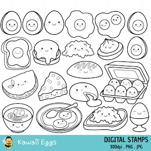 Kawaii Eggs Digital Stamps, Cute Eggs Digital Stamps, Kawaii Eggs Clipart, Cute Food Clipart, Kawaii Food Clipart, Cute Breakfast Clipart