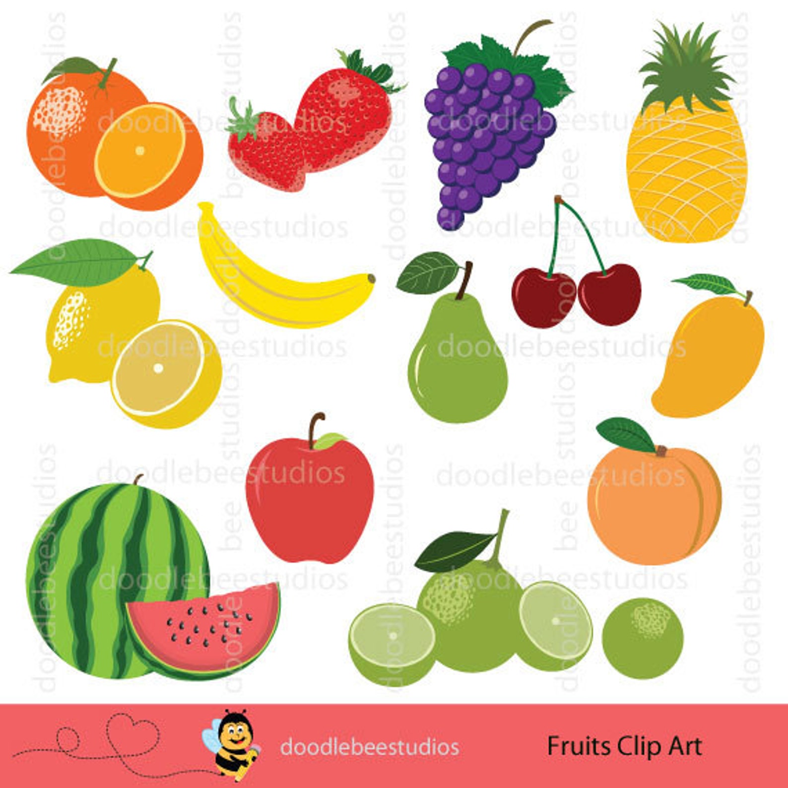 Fruits Clipart, Clip Art Set - Apple, Orange, Strawberry, Grapes ...