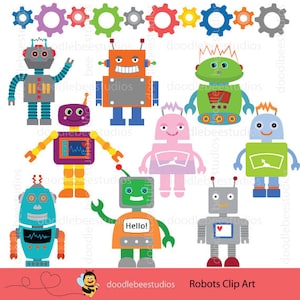 Robots Clipart, Robot Clipart Set, Robots Clip Art Digital Download, Cute Robots, Smiley Robots, Gears
