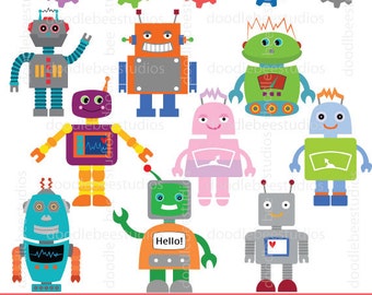 Robots Clipart, Robot Clipart Set, Robots Clip Art Digital Download, Cute Robots, Smiley Robots, Gears