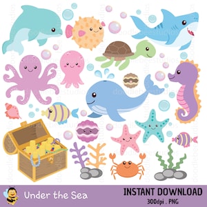 Clipart de animais marinhos, clipart de vida marinha, clipart de vida marinha, clipart de animais, clipart de peixes, golfinhos, baleia, estrela do mar, baú de tesouro, polvo