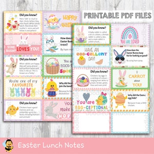 May include: Printable Easter lunchbox notes with fun facts and puns about bunnies, chicks, and eggs. The notes feature colourful illustrations of bunnies, chicks, and eggs. The text includes phrases like "You are EGG-CEPTIONAL" and "I CARROT about YOU!"
