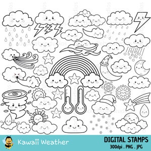Kawaii Weather Clipart, Kawaii Weather Digital Stamps, Cute Weather Coloring Clipart, Cute Weather Seasons Digital Stamps,