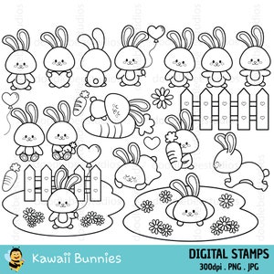 Kawaii Bunnies Clipart, Kawaii Bunny Clipart, Cute Bunnies Digital Stamps, Cute Rabbits Clipart, Kawaii Bunnies Coloring Pages,Bunny outline