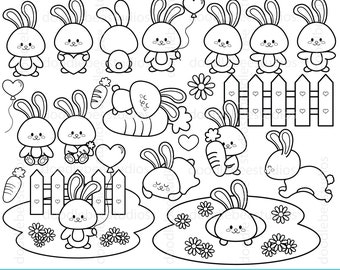 Kawaii Bunnies Clipart, Kawaii Bunny Clipart, Cute Bunnies Digital Stamps, Cute Rabbits Clipart, Kawaii Bunnies Coloring Pages,Bunny outline