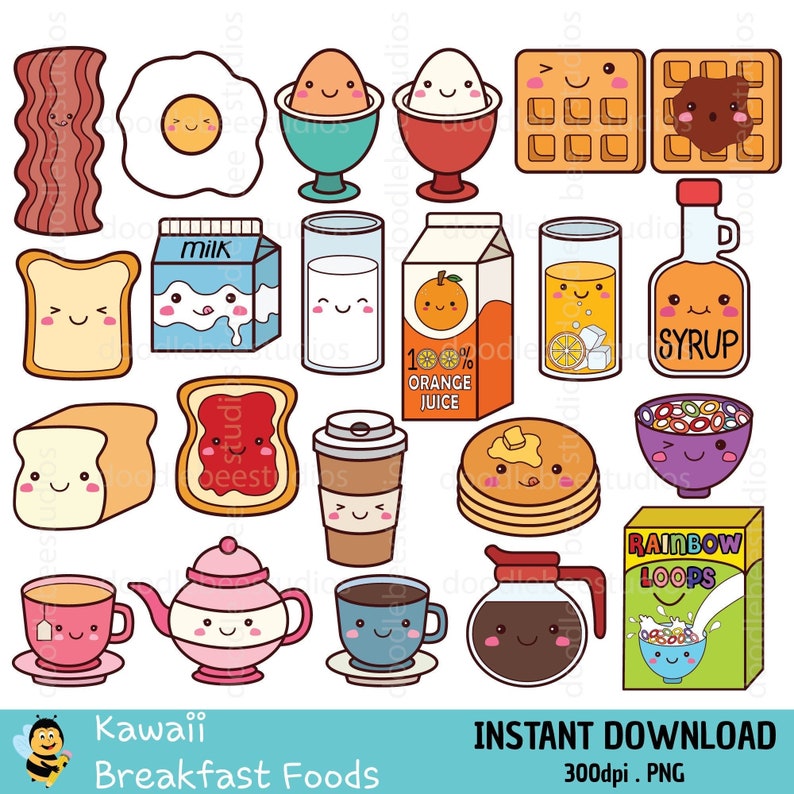 Kawaii Breakfast Foods Clipart, Breakfast Food Clipart, Cute Breakfast, Cute Waffles, Pancakes, Milk, Cereal, Tea, Coffee, Syrup, Toast image 1