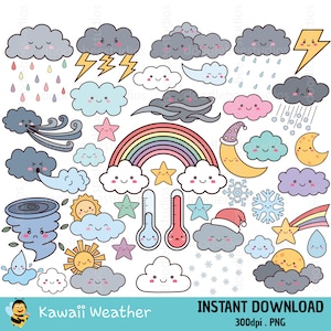 Clipart météo Kawaii, Clipart météo mignon, Clipart arc-en-ciel Kawaii, Clipart météo mignon pour enfants, Clipart nuages mignons, Clipart saisons mignons