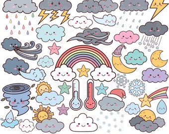 Kawaii Pogoda Clipart, Słodki Pogoda Clipart, Kawaii Tęcza Clipart, Słodki Dzieci Pogoda Clipart, Słodki Chmury Clipart, Słodki Pory Roku Clipart