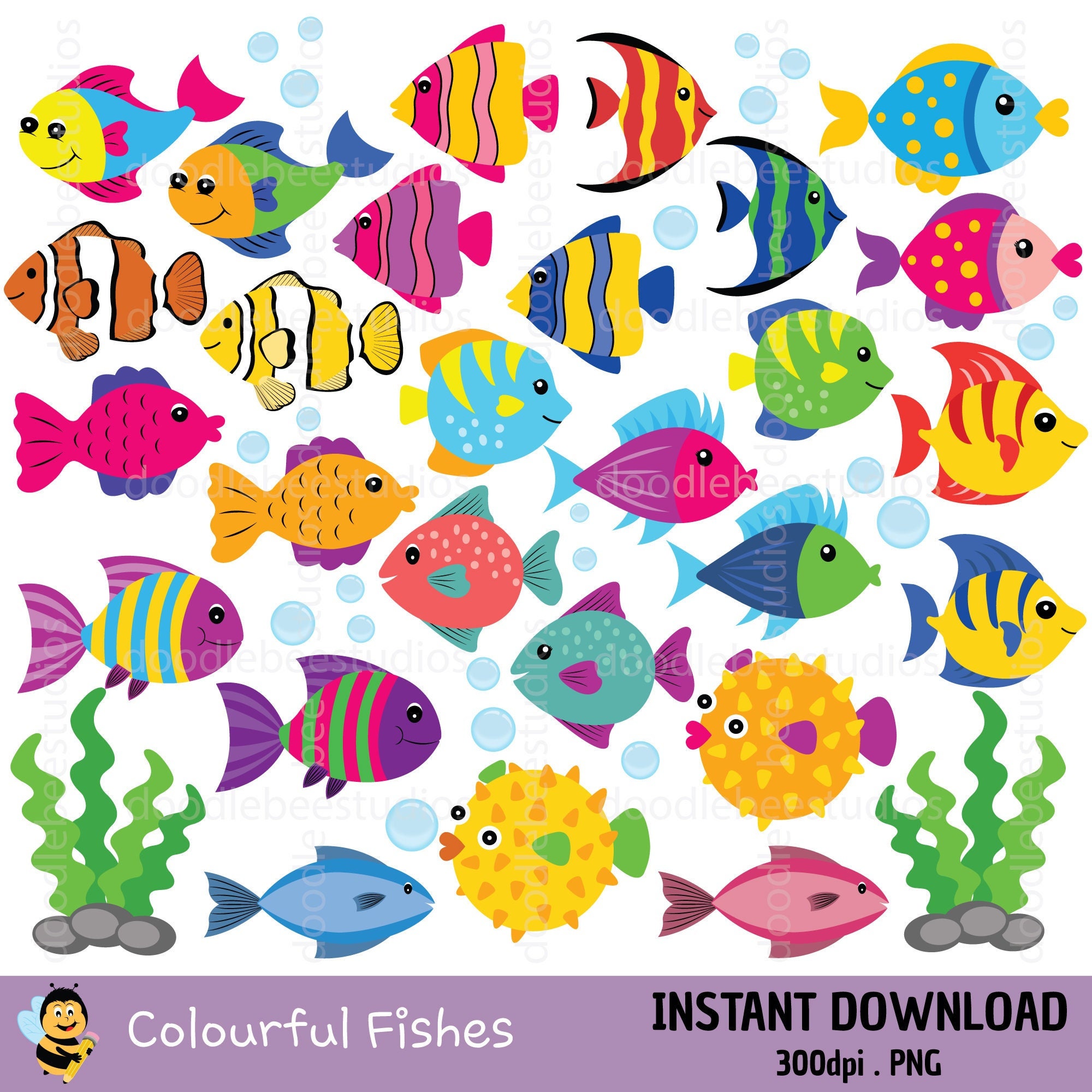 Colorful Fish Clipart Cute Fish Clipart Sealife Clipart Sea Etsy