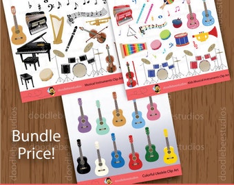 Muziekinstrumenten Clipart, Bundel Set, Kinderen Muziekinstrumenten, Ukelele Clipart, Vleugel, Muziek, Trompet, Speelgoedinstrumenten Digitaal
