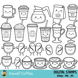 Kawaii Coffee Digital Stamps, Cute Coffee Digital Stamps, Kawaii Coffee Clipart, Cute Food Clipart, Kawaii Drinks Clipart