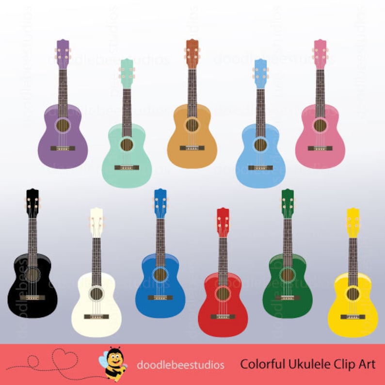 May include: Clip art of ten colorful ukuleles. The ukuleles are in various colors, including purple, green, orange, blue, pink, black, white, red, green, and yellow.
