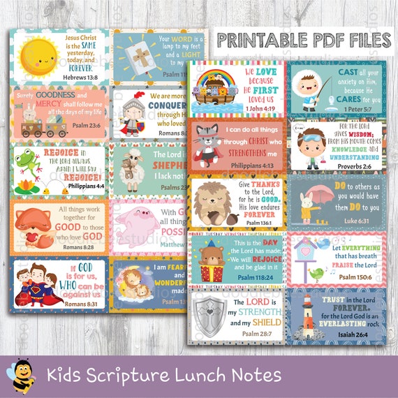 Kids Christian Lunch Box Notes, Cute Kids Scripture Cards,  Printable Memory Verse Cards, Bible Verse Cards, Kids School Lunch Box Notes
