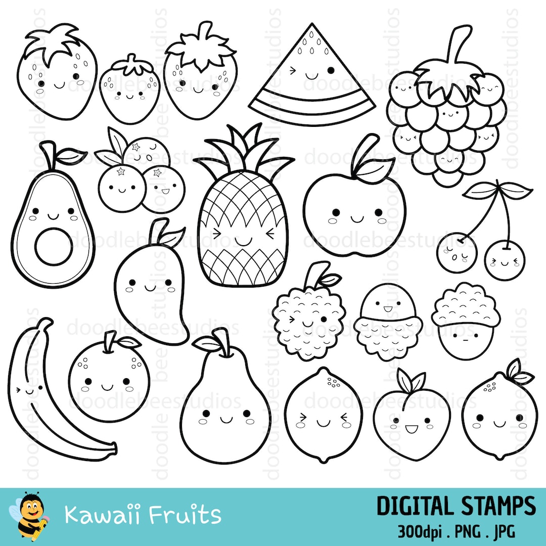 Kawaii Fruits Outline Drawing Clip Art Set – Daily Art Hub