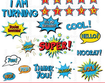 Blue Superhero Text Clipart, Birthday Clip Art, Digital Words, Digital Comic Text, Boy Superhero Clip Art,Comic Book Clip Art, Comic Clipart