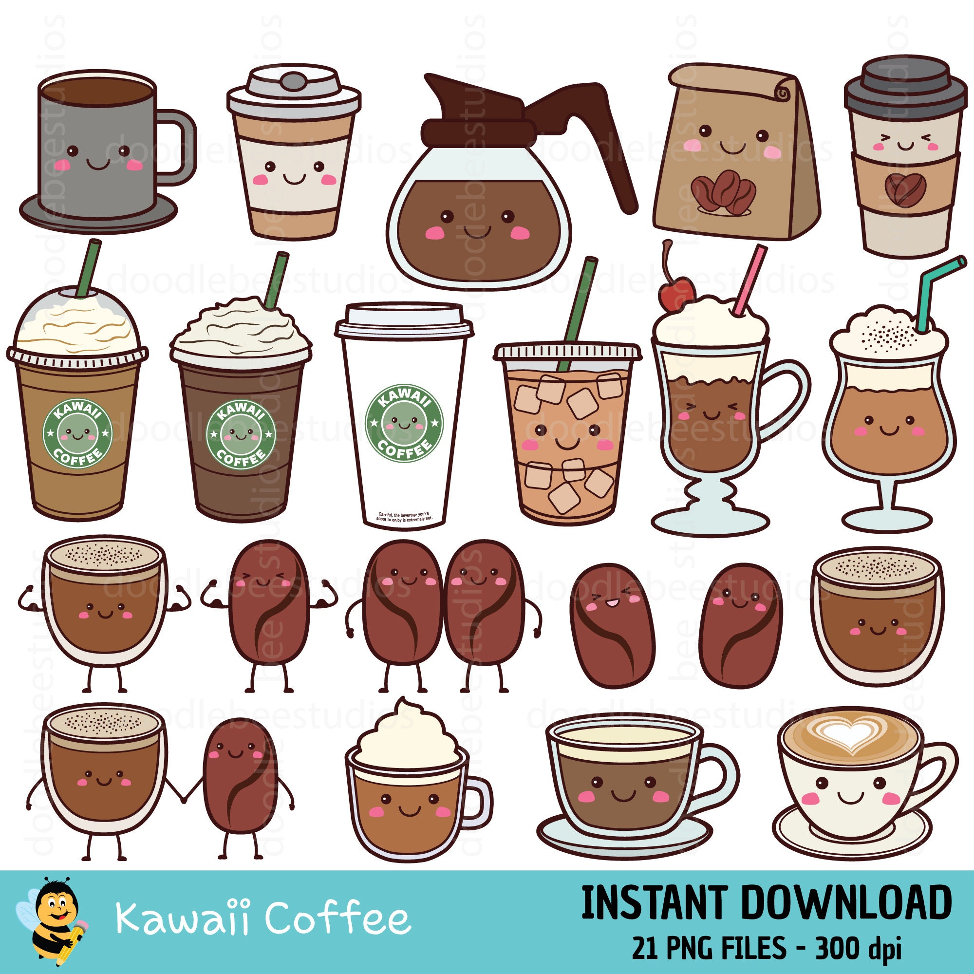 Kawaii Coffee Clipart, Cute Coffee Clipart, Cute Drinks Clipart, Cute Food Clipart, Kawaii Food Clipart, Food Pairs Clipart