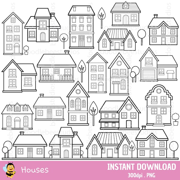 Houses Clipart, Houses Digital Stamps, Cute Houses, Buildings Digital Stamps, Cottage Digital Stamps, Houses Coloring Pages, Houses Outlines