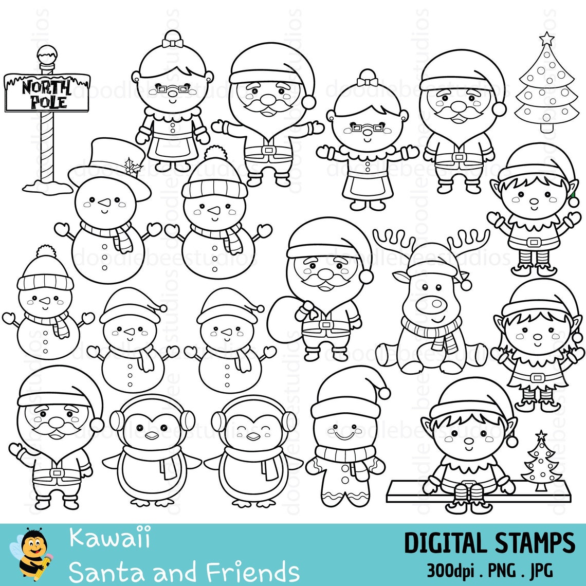 Kawaii Christmas Digital Stamps Cute Christmas Digital - Etsy