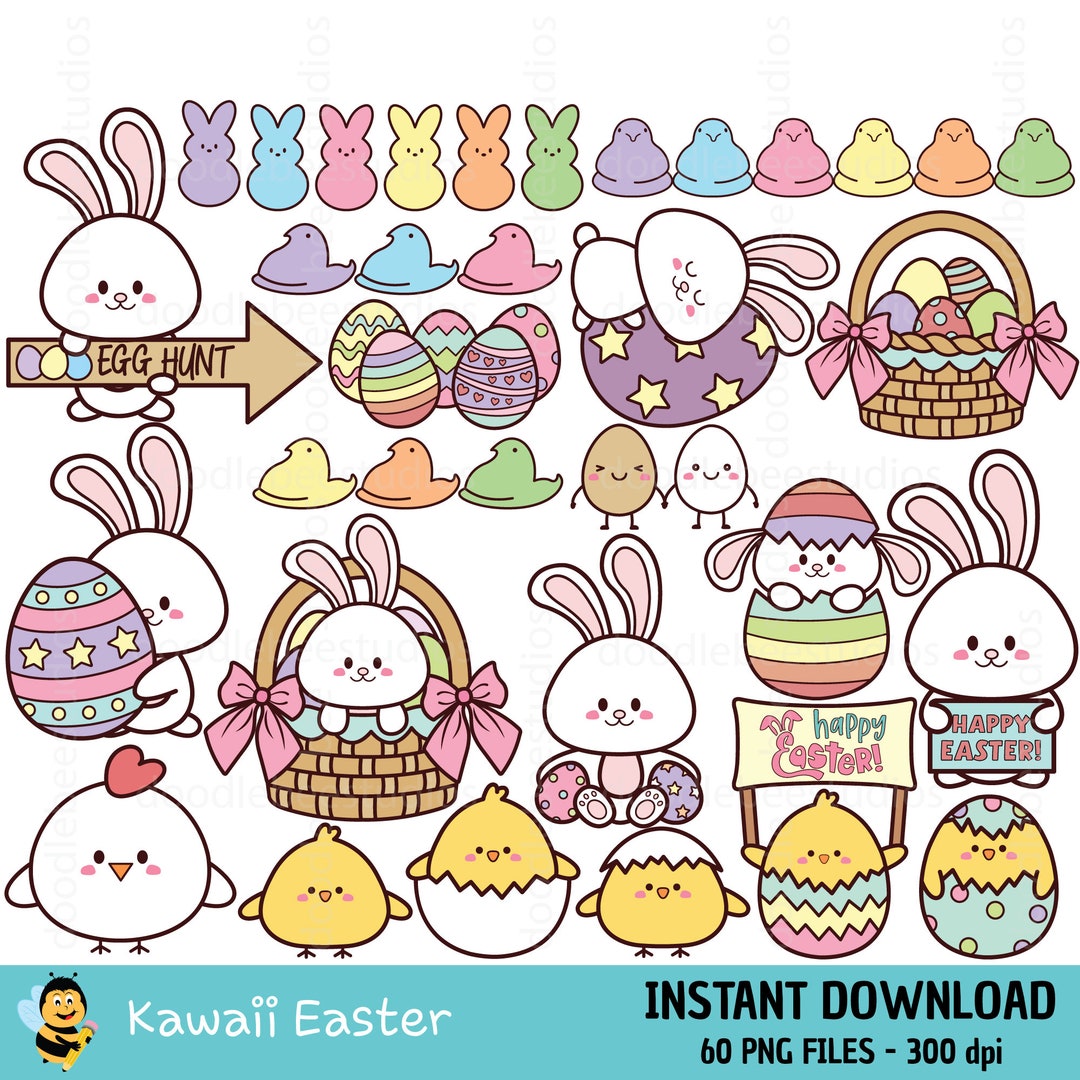 Kawaii Easter Clipart, Cute Easter Bunny Clipart, Cute Easter Chicks