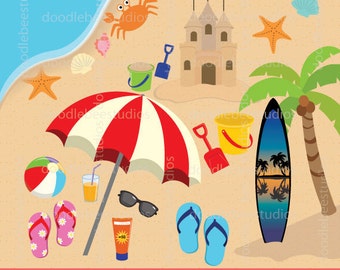 Beach Clipart, At the Beach Clip Art, Seaside Clipart, Summer Clipart, Summer Time Clipart, Surfboard Clipart, Sandcastle Clipart,