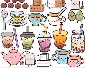 Könnte beinhalten: Ein Set mit 48 digitalen Illustrationen von Kawaii-Tee und Boba-Tee. Die Illustrationen beinhalten Teetassen, Teebeutel, Zuckerwürfel, Boba-Tee-Becher und eine Teekanne. Die Illustrationen sind im Cartoon-Stil gehalten und haben süße Gesichter.