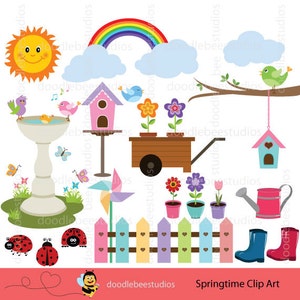 Spring Clipart, Spring Time Clip Art, Spring Garden Clipart, Spring Pastel and Bright Colors, Birdhouse, Birdbath, Rainbow, Flowers Digital