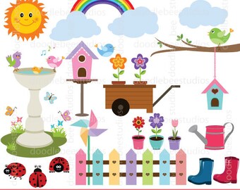 Spring Clipart, Spring Time Clip Art, Spring Garden Clipart, Spring Pastel and Bright Colors, Birdhouse, Birdbath, Rainbow, Flowers Digital