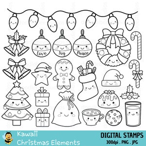 Kawaii Christmas Digital Stamps, Cute Christmas Digital Stamps, Cute Christmas Clipart, Christmas Coloring Stamps, Kawaii Christmas Stamps