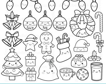 May include: A set of 18 black and white digital stamps featuring cute Christmas elements, including a Christmas tree, ornaments, a gingerbread man, a stocking, a candy cane, a wreath, a bell, a star, a gift, a bag, a mug, a cookie, and a glass of milk.