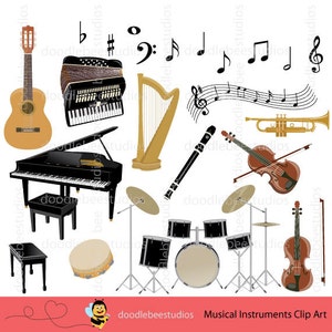 Musical Instruments Clip Art, Music Notes Clipart, Music Clipart, Grand Piano, Violin, Guitar, Accordion, Drum Set, Trumpet, Harp Clipart