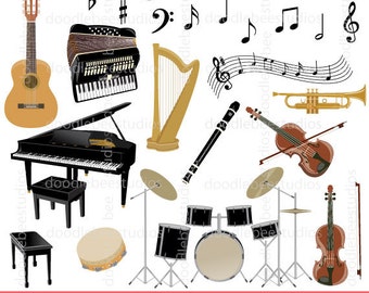 Musical Instruments Clip Art, Music Notes Clipart, Music Clipart, Grand Piano, Violin, Guitar, Accordion, Drum Set, Trumpet, Harp Clipart