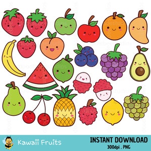 Kawaii Fruits Clipart, Kawaii Fruit Clip Art, Clipart de Fruits mignons, Clipart de Fruits colorés, icônes de Fruits mignons, icônes de fruits Kawaii