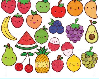 Kawaii Fruits Clipart, Kawaii Fruit Clip Art, Cute Fruits Clipart, Colorful Fruits Clipart, Cute Fruits Icons, Kawaii Fruit Icons