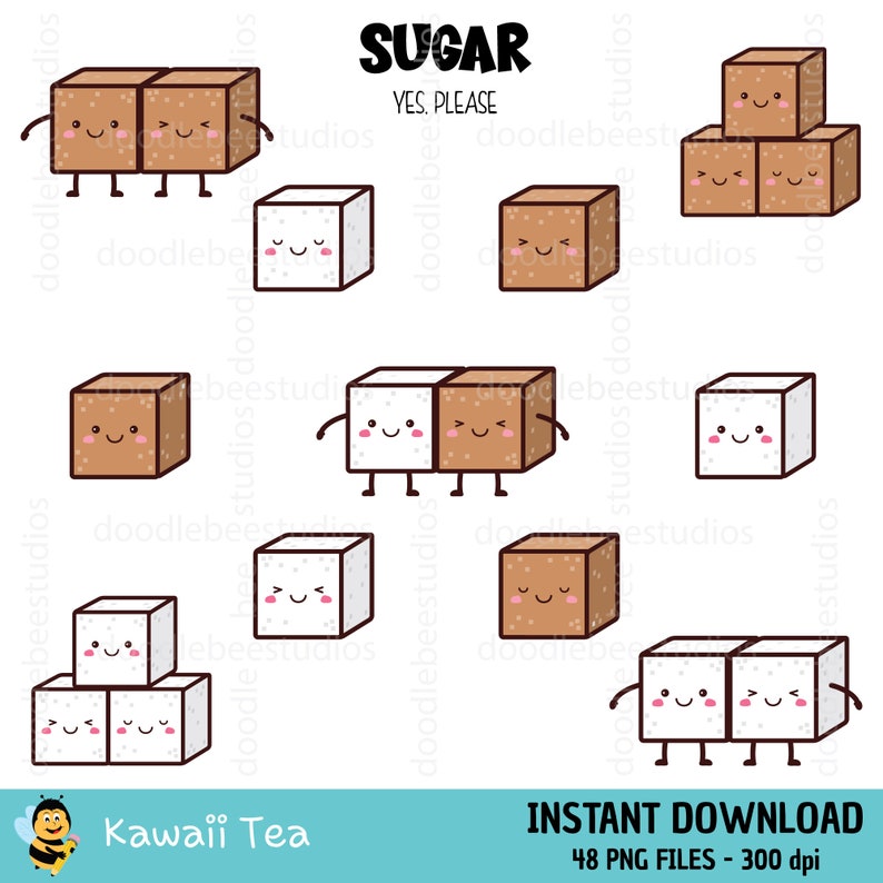 May include: A set of 48 digital illustrations of cute cartoon sugar cubes. The sugar cubes are brown and white and have happy faces. The text "SUGAR YES. PLEASE" is at the top of the image. The text "INSTANT DOWNLOAD 48 PNG FILES - 300 dpi" is at the bottom of the image.