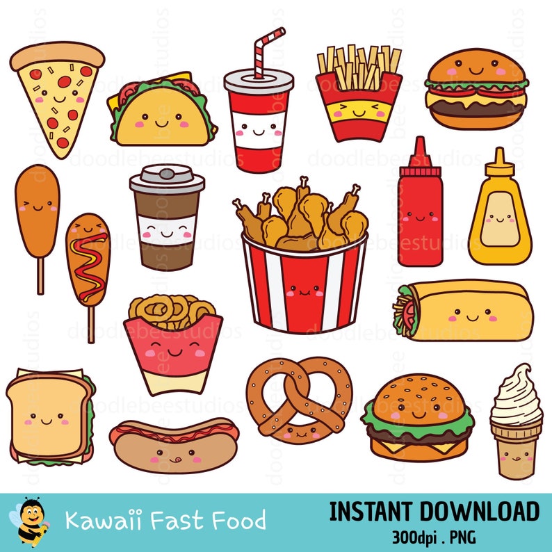 Peut inclure: Un ensemble de 15 illustrations de fast-food kawaii, comprenant une part de pizza, un taco, un soda, des frites, un corn-dog, une tasse de caf&eacute;, du poulet frit, une bouteille de ketchup, une bouteille de moutarde, des rondelles d'oignons, un bretzel, un hot-dog, un sandwich, un hamburger et un cornet de glace. Chaque aliment a un visage de dessin anim&eacute; mignon.