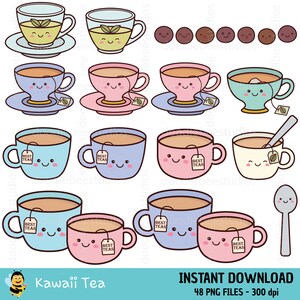 May include: A set of 48 kawaii tea cup illustrations in various colors, including blue, pink, green, and yellow. Each cup has a smiling face and a tea bag with the words "Best Teas" on it. The set also includes a spoon and a few brown tea cookies.