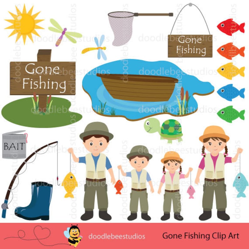 Fishing Clipart, Gone Fishing Clipart, Gone Fishin Clipart, Fishing Clip Art, Fisherman Clipart, Family Fishing Clipart, Fishing Rod Clipart image 1