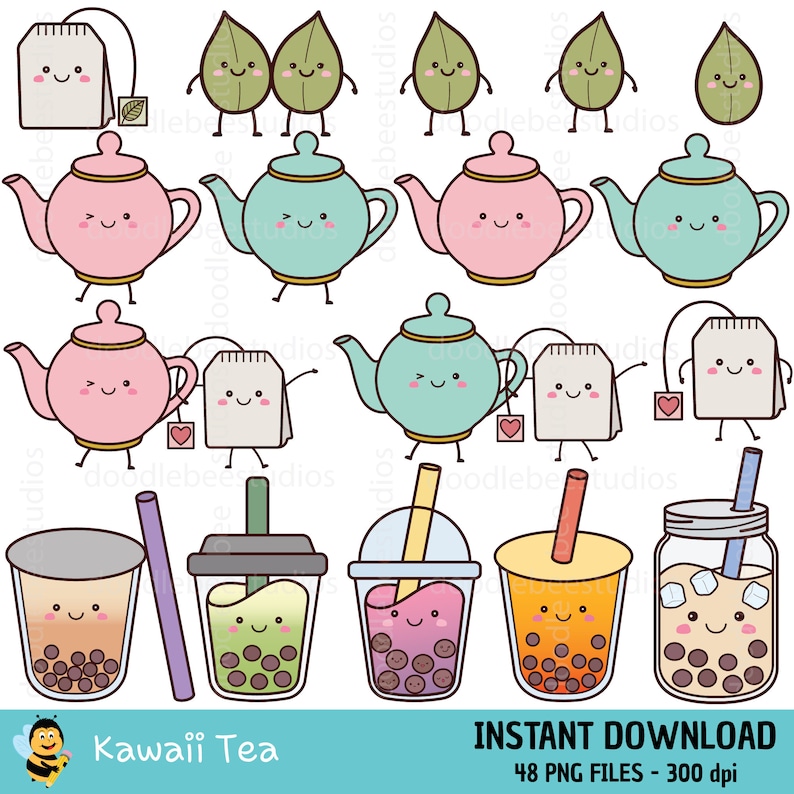 May include: A set of 48 digital clipart images featuring cute kawaii tea-themed illustrations. The set includes teapots, tea bags, and bubble tea cups in various colors and designs.