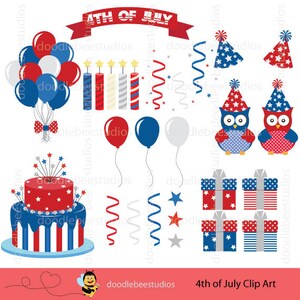 May include: A collection of patriotic 4th of July clip art elements. Includes red, white, and blue balloons, a cake, party hats, owls, gifts, candles, and streamers. The text "4TH OF JULY" is displayed on a red banner.