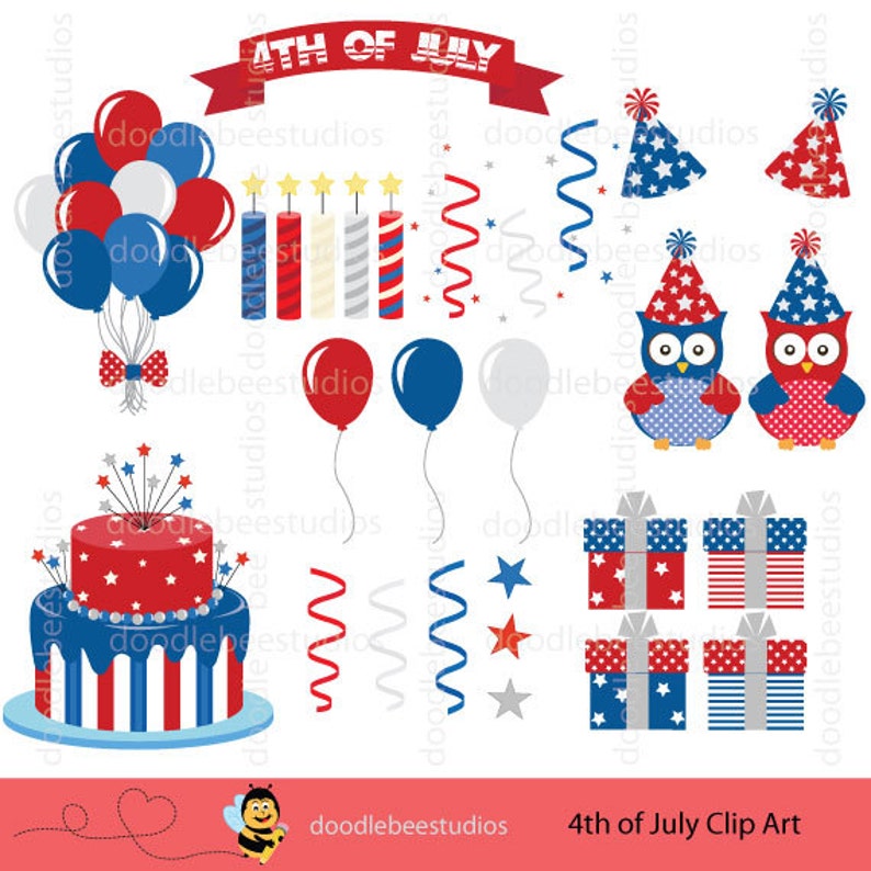 May include: A collection of patriotic 4th of July clip art elements. Includes red, white, and blue balloons, a cake, party hats, owls, gifts, candles, and streamers. The text "4TH OF JULY" is displayed on a red banner.