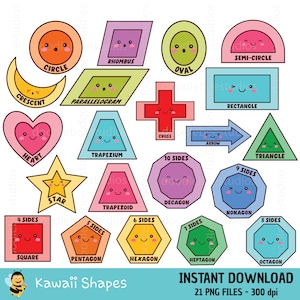 Kawaii Vormen Clipart, Leuke Vormen Clip Art, Kleurrijke Vormen Clipart, Leraar Middelen Clipart, Kleuterschool Leren, Kinderen Leren