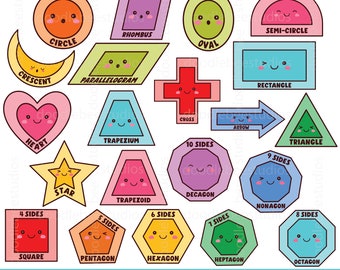 Kawaii Shapes Clipart, Cute Shapes Clip Art, Colourful Shapes Clipart, Recursos para maestros Clipart, Kindergarten Learning, Kids Learning