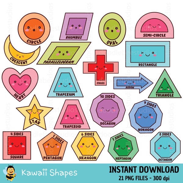 Kawaii Shapes Clipart, Cute Shapes Clip Art, Colourful Shapes Clipart, Teacher Resources Clipart, Kindergarten Learning, Kids Learning